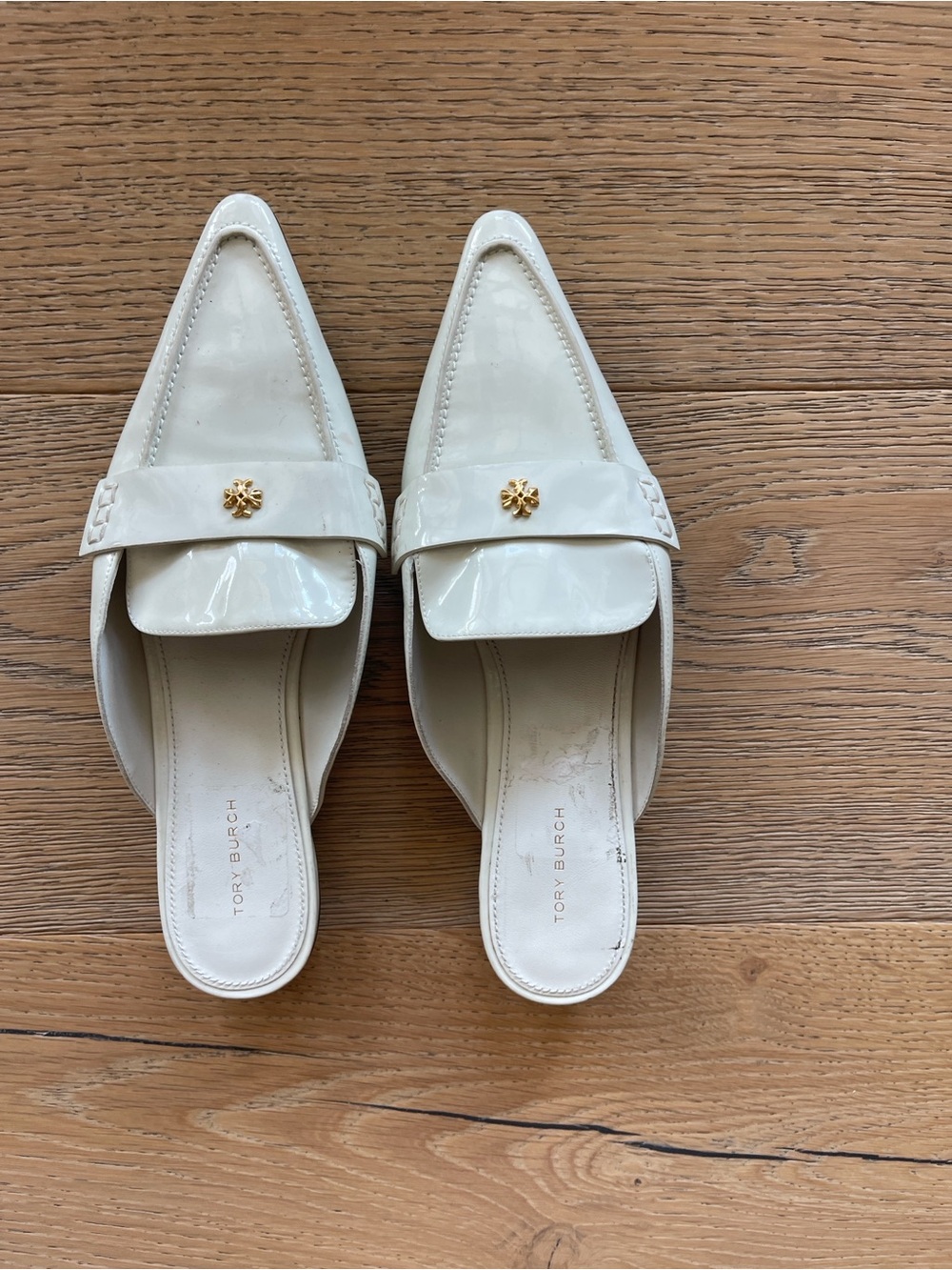 Tory Burch Cream Patent Leather Pointed Mule with Gold Logo